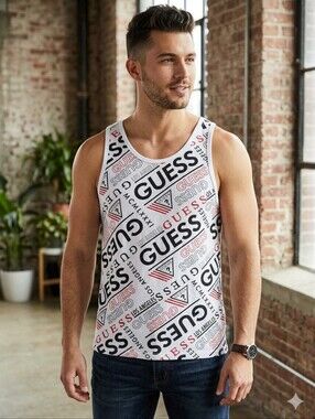 Guess Los Angeles All-Over Logo Print Tank Top Size Large Mens